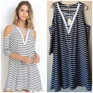 JODIFL Tie Front Cold Shoulder Stripe Swing Dress